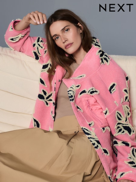 Pink Floral Button Through Borg Jacket (H67143) | £54