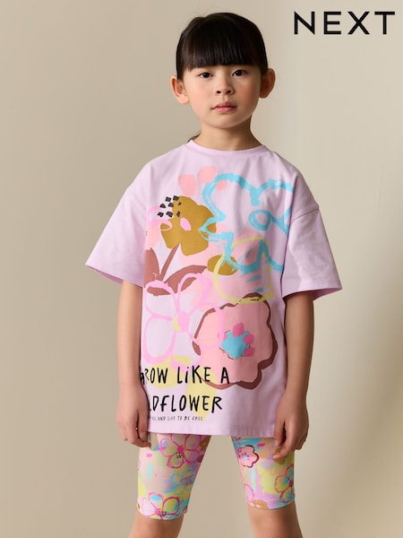 Lilac Purple Floral T-Shirt and Cycle Shorts Set (3-16yrs) (H67232) | £14 - £20
