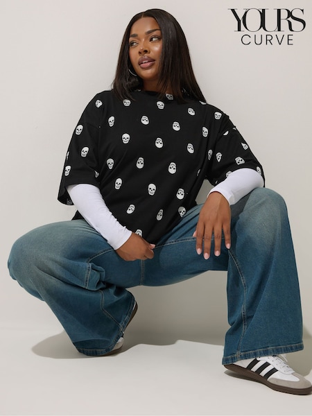 Yours Curve Black Limited Skull 2 In 1 T-Shirt (H67341) | £22