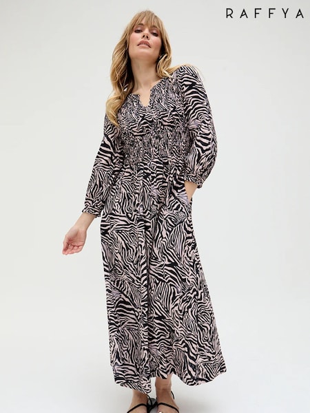 Raffya Animal Print Paulina Shirred Bodice Zebra Print Maxi Dress (H67432) | £100