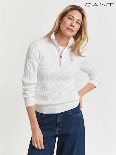 GANT Cream Stretch Cotton Cable Knit Half Zip Jumper (H67603) | £130