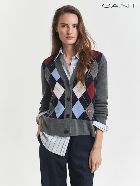 GANT Grey Argyle Pattern V-Neck Button Through Cardigan (H67605) | £165