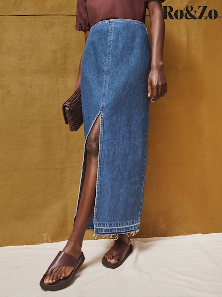 Ro&Zo Black Petite Denim Split Front Maxi Skirt (H67708) | £79
