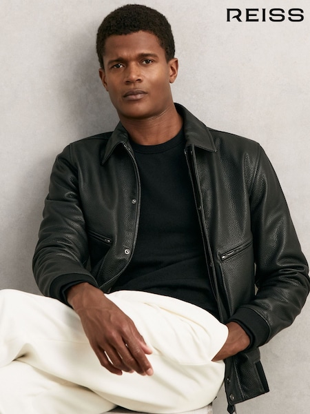 Reiss Black Purleigh Grained Leather Zip Through Jacket (H67859) | £428