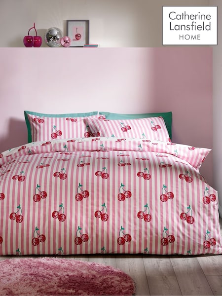 Catherine Lansfield Pink Disco Cherries Stripes Reversible Duvet Cover Set (H67875) | £17 - £28