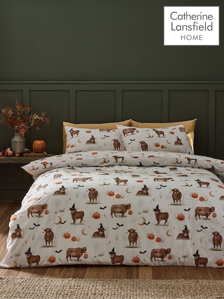 Catherine Lansfield Natural Halloween Highland Cow Reversible Duvet Cover Set (H67876) | £17 - £28