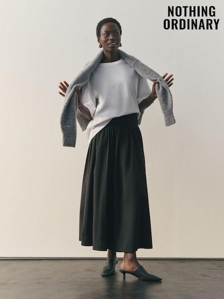 Nothing Ordinary Black Jersey Woven Mix A Line Heavyweight Cotton Midi Skirt (H68017) | £89