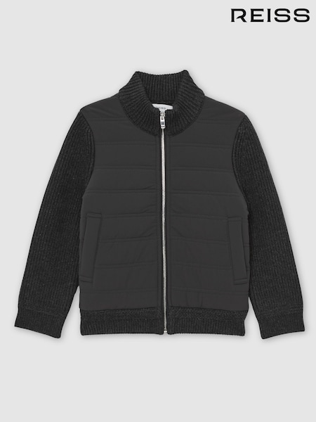 Reiss Charcoal Melange Southend 13-14 yrs Hybrid Quilt and Knit Zip-Through Jacket (H68146) | £70