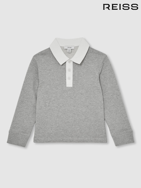 Reiss Grey Marl/White Aidan Cotton Half Button Rugby Polo Shirt (H68307) | £40