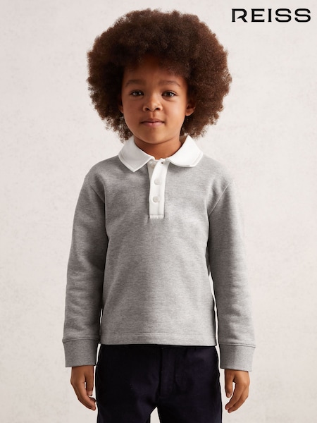 Reiss Grey Marl/White Aidan Cotton Half-Button Rugby Polo Shirt (H68308) | £36