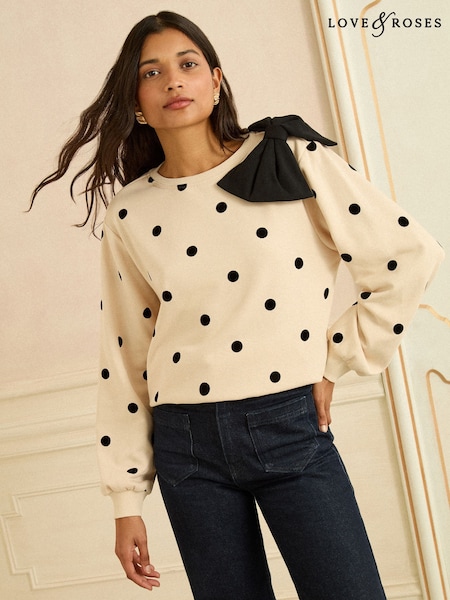 Love & Roses Ivory Spot Bow Shoulder Sweatshirt (H68466) | £34