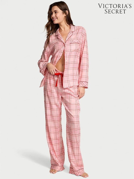 Victoria's Secret Pretty Blossom Pink Christmas Tartan Flannel Long Pyjamas Set (H68632) | £60