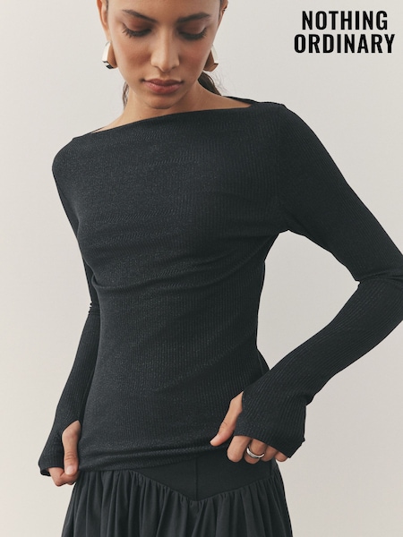 Nothing Ordinary Black Metallic Slash Neck Long Sleeve Top (H68887) | £49