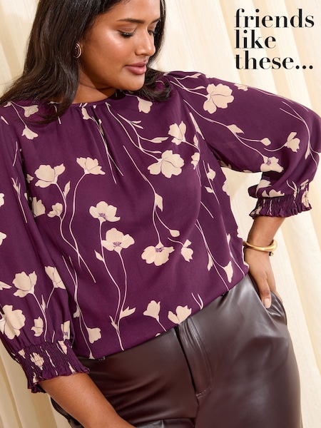 Friends Like These Burgundy Floral Print Curve 3/4 Sleeve Shirred Cuff Blouse (H69073) | £32