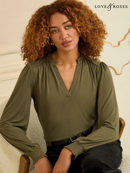 Love & Roses Khaki Green Frill V-Neck Jersey Long Sleeve Top (H69128) | £22