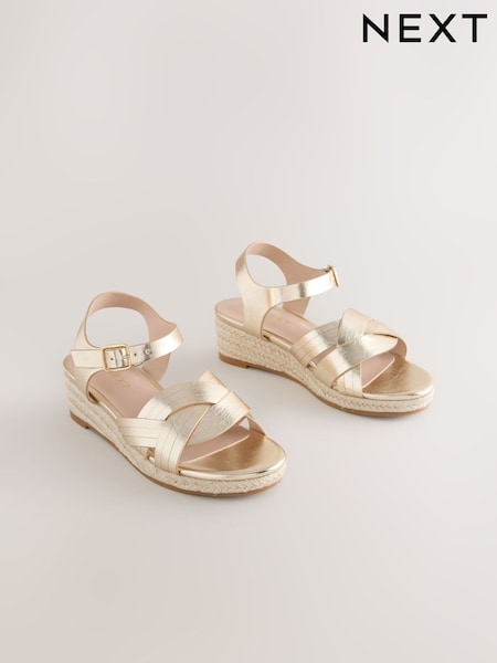 Gold Woven Heeled Wedge Sandals (H69203) | £24 - £31