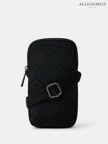 Accessorize Black Heart Quilted Nylon Phone Bag (H69286) | £20