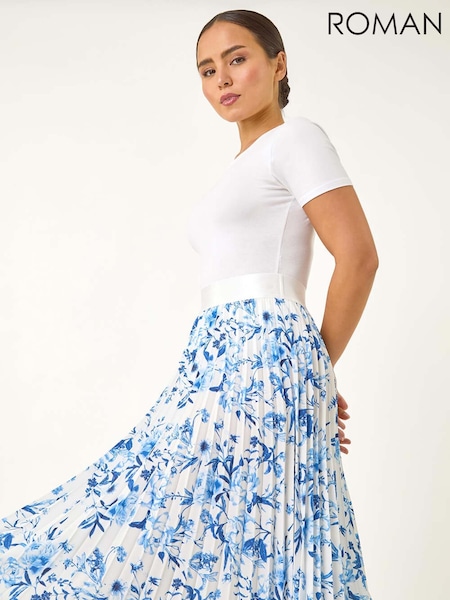 Roman Blue Petite Floral Print Pleated Midi Skirt (H69456) | £45