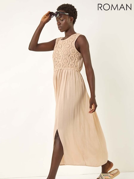 Roman Natural Crochet Bodice Midi Dress (H69483) | £55