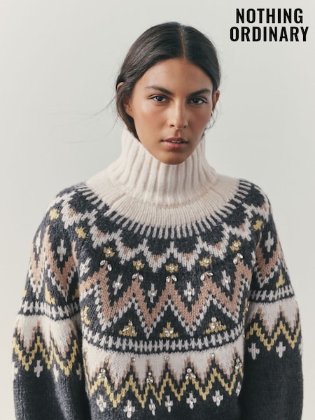 Nothing Ordinary Charcoal Grey Embellished Fairisle High Neck Jumper (H69588) | £139