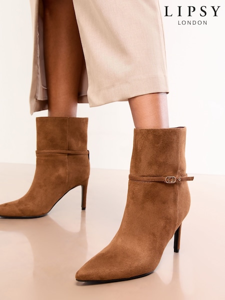 Lipsy Brown Faux Leather Branded High Stiletto Heel Smart Ankle Boots (H69971) | £59