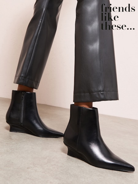 Friends Like These Black Faux Leather Low Wedge Formal Point Toe Ankle Boots (H69985) | £42