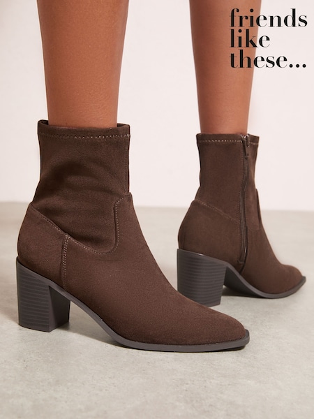 Friends Like These Chocolate Brown Faux Suede Mid Heel Western Style Smart Sock Ankle Boots (H69997) | £42
