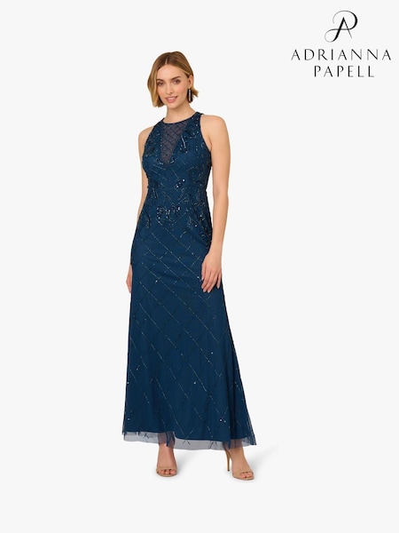 Adrianna Papell Blue Studio Bead Halter Long Dress (H70004) | £169