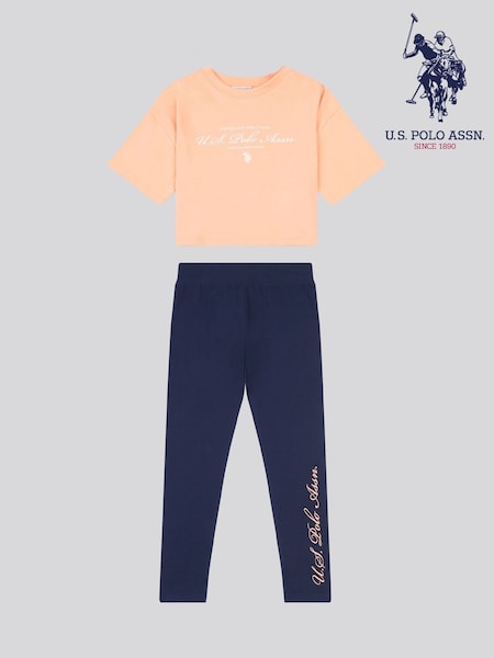 U.S. Polo Assn Orange Girls Boxy Fit Script T-Shirt & Leggings Set (H70090) | £40 - £48