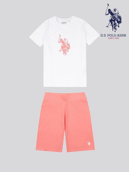 U.S. Polo Assn White Girls Print T-Shirt & Jersey Shorts Set (H70091) | £30 - £36