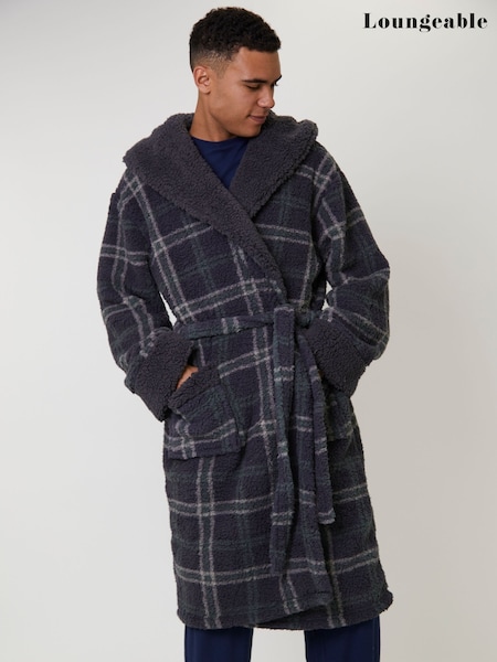 Loungeable Grey Sherpa Check Hooded Dressing Gown (H70216) | £34
