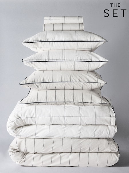 The Set 2 Pack Natural Check Stripe Printed Duvet Cover and Pillowcase Set With Fitted Sheets (H70259) | £50 - £90