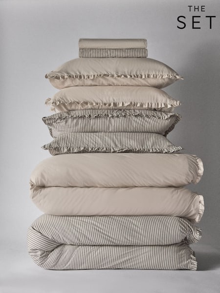 The Set 2 Pack Natural Stripe Frill Duvet Cover and Pillowcase Set with Fitted Sheets (H70263) | £55 - £105