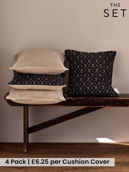 The Set 4 Pack Natural/Black Woodblock Floral Printed Cotton Cushion Covers (H70271) | £25