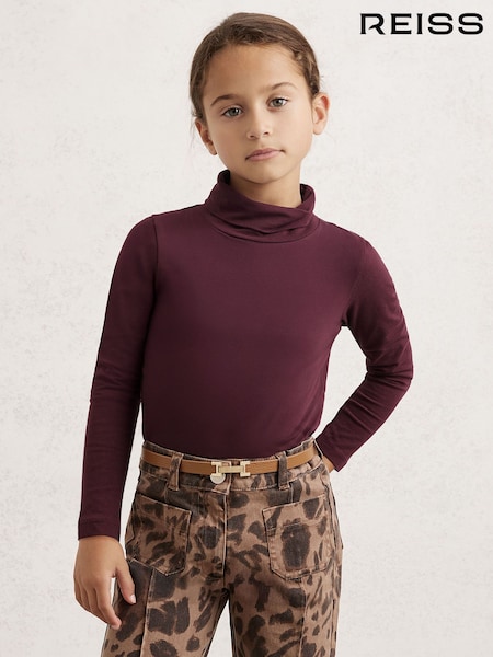 Reiss Burgundy Carey Cotton-Jersey Roll-Neck Top with Stretch (H70486) | £16