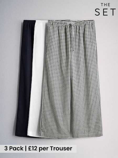 The Set 3 Pack Wide Leg Trouser With Linen White/Navy Blue/Gingham (H70525) | £37