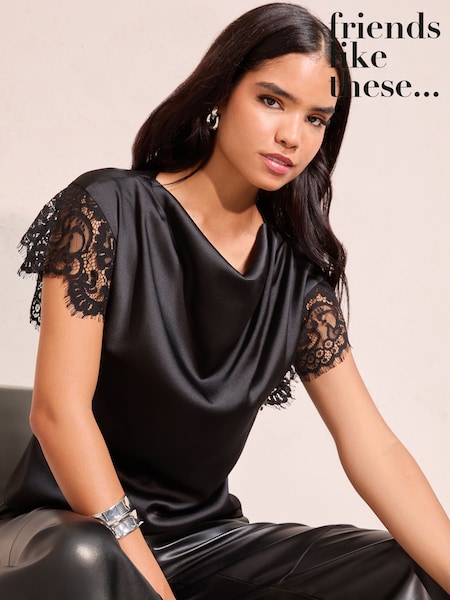 Black Petite Satin Lace Detail Cowl Neck Blouse (H70691) | £39