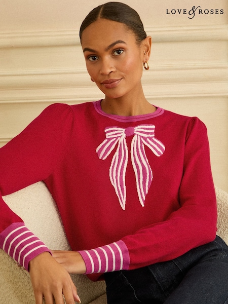 Love & Roses Red Bow Neck Knitted Jumper (H70743) | £38