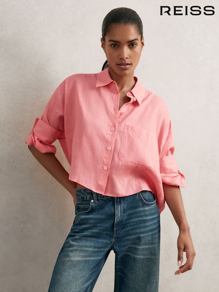 Reiss Pink Solena Oversize Linen Cropped Shirt (H70998) | £110
