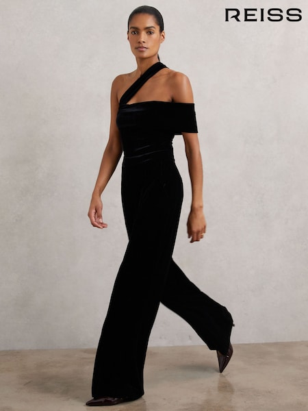 Reiss Black Daria Petite Velvet One-Shoulder Wide-Leg Jumpsuit (H71020) | £180