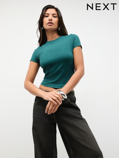 Teal Blue Tipped Soft Touch Slinky Polyamide Short Sleeved Top (H71289) | £20