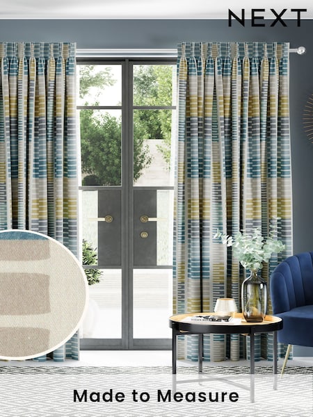 Blue Retro Geo Made To Measure Door Curtain Curtains (H71502) | £91