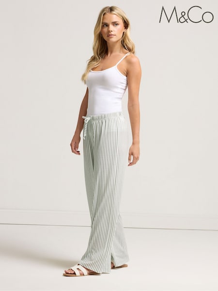 M&Co Green Petite Stripe Wide Leg Trousers (H71586) | £33
