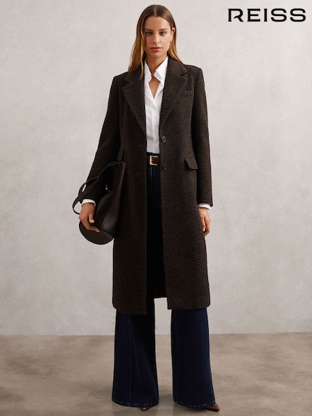 Reiss Chocolate Brown Check Kai Wool-Blend Houndstooth Check Coat (H71661) | £340