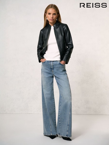 Reiss Black Allie Petite Leather Collarless Biker Jacket (H71663) | £328
