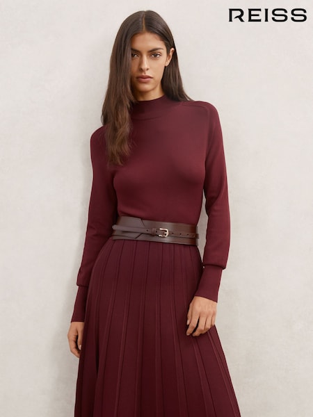 Reiss Raspberry Red Alicia Petite Belted Knit Pleated Midi Dress (H71665) | £240