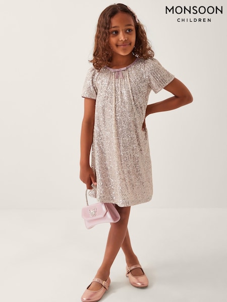 Monsoon Silver Sienna Sequin Bow Party Dress (H71875) | £0
