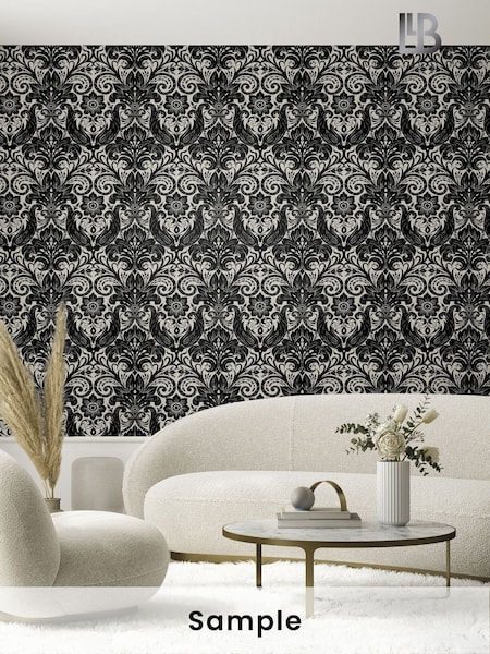 Laurence Llewelyn-Bowen Black Damask Sauvage Flock A4 Wallpaper Sample (H72000) | £1