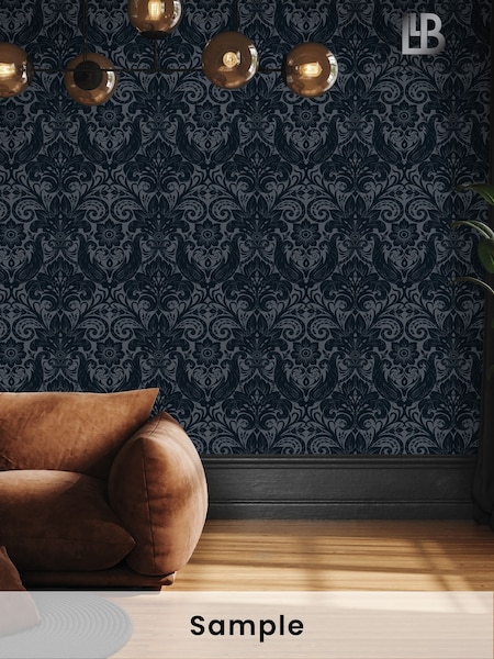 Laurence Llewelyn-Bowen Blue Damask Sauvage Flock A4 Wallpaper Sample (H72046) | £1