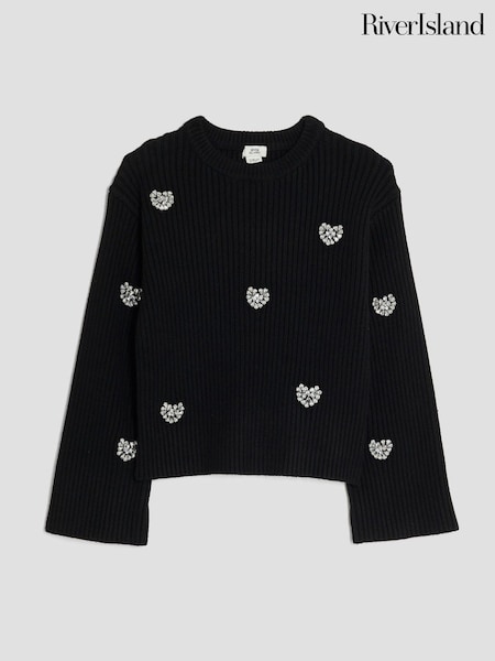 River Island Black Embellished Heart Jumper (H72065) | £29